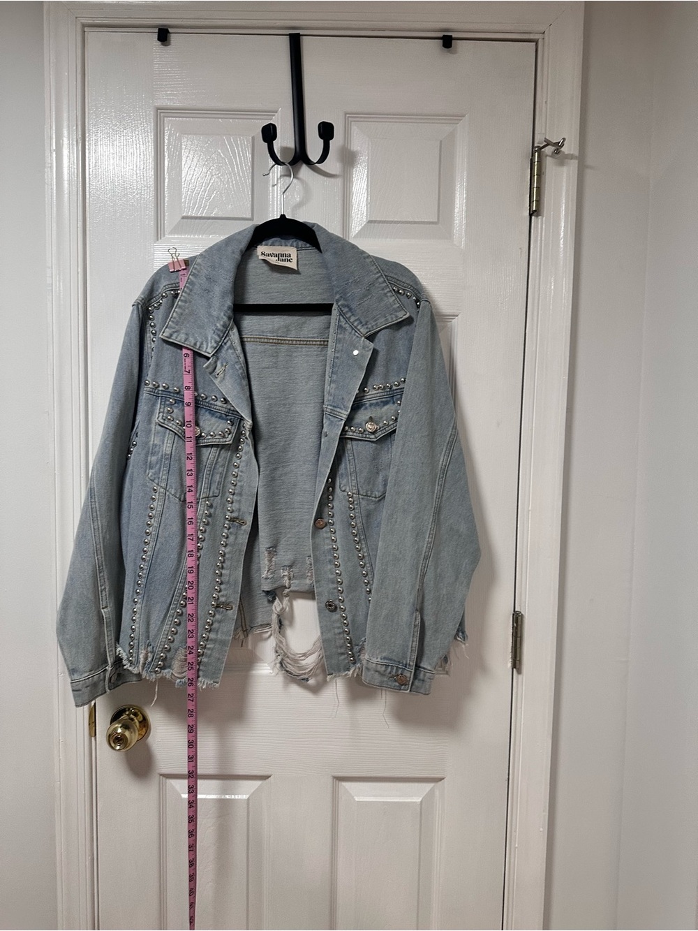Savanna Jane Light Blue Studded Distressed Denim Jacket